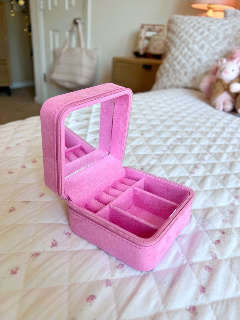 Y2K Pink Velvet Travel Jewelry Box Organizer  Miss London Gold Zip Mirror Cute